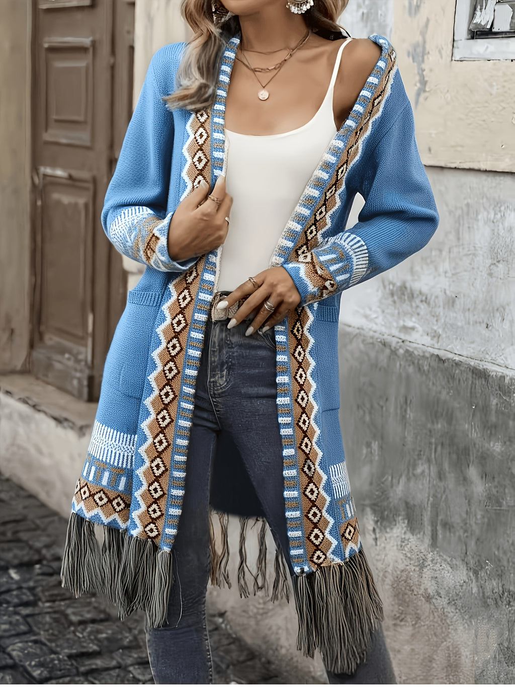 [Bohemian Fringed Cardigan Coat] American Western Bohemian Fringed Cardigan Women'S Retro Color-Block Geometric Pattern Hem Fringed Design Mid-Length Ethnic Style Coat