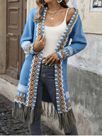 [Bohemian Fringed Cardigan Coat] American Western Bohemian Fringed Cardigan Women'S Retro Color-Block Geometric Pattern Hem Fringed Design Mid-Length Ethnic Style Coat