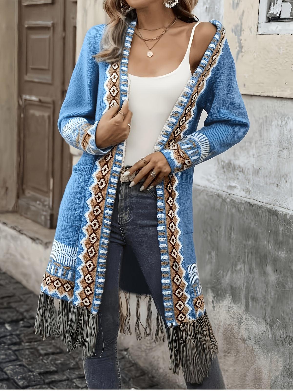 [Bohemian Fringed Cardigan Coat] American Western Bohemian Fringed Cardigan Women'S Retro Color-Block Geometric Pattern Hem Fringed Design Mid-Length Ethnic Style Coat