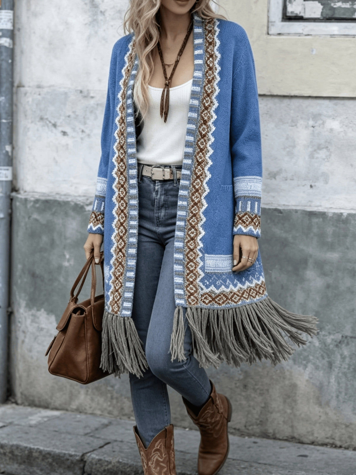 [Bohemian Fringed Cardigan Coat] American Western Bohemian Fringed Cardigan Women'S Retro Color-Block Geometric Pattern Hem Fringed Design Mid-Length Ethnic Style Coat