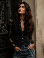 Noémie | Black Blazer Top with Semi-Transparent Sleeves