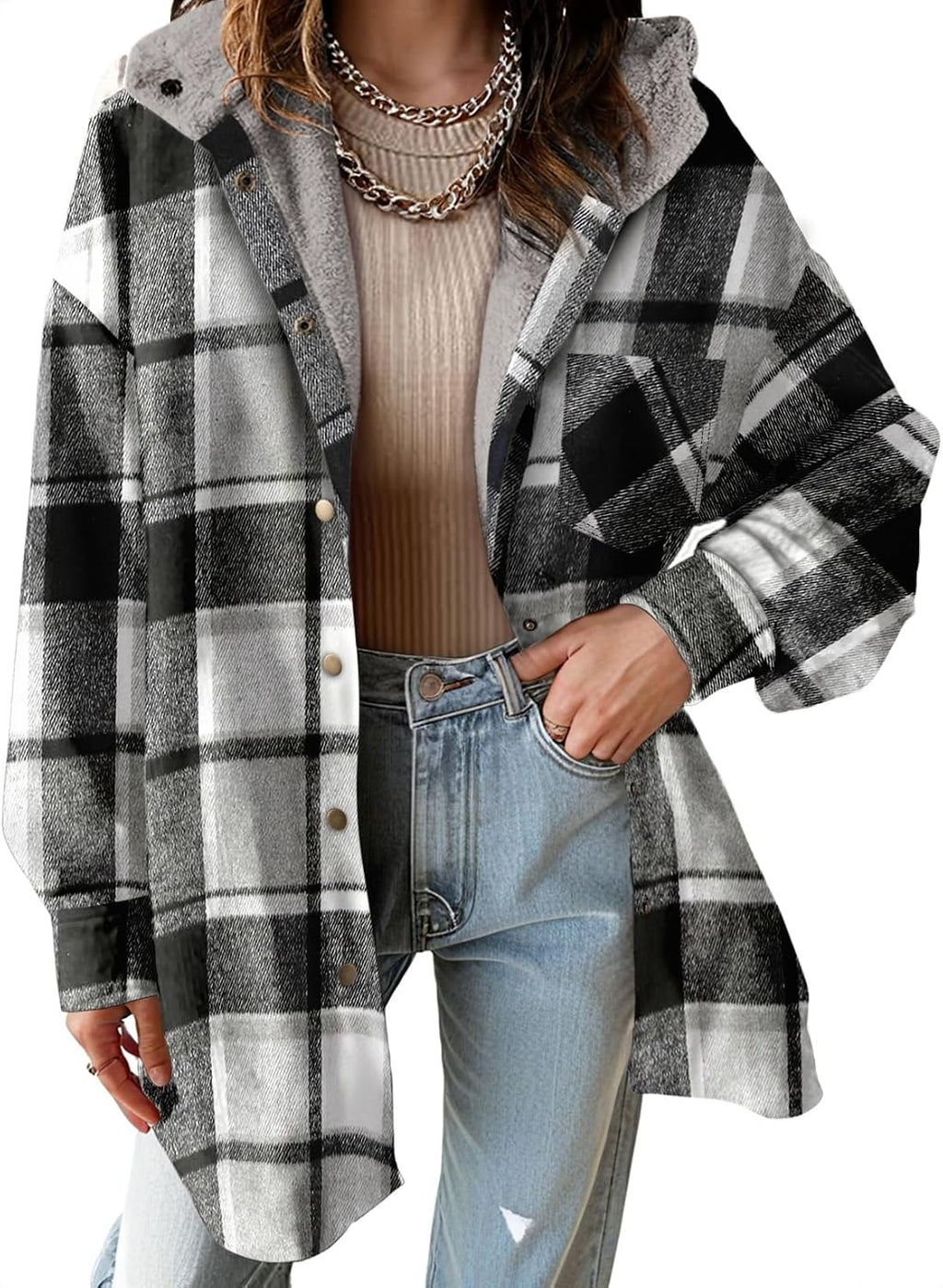 Hooded Fleece Plaid Shacket