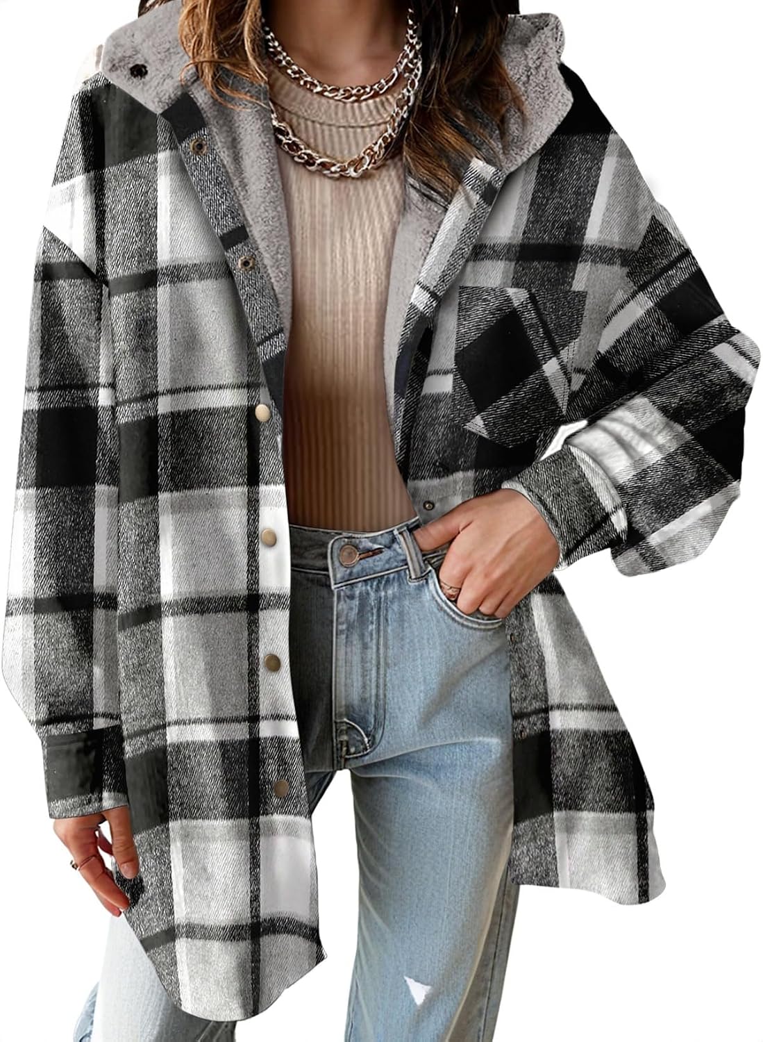 Hooded Fleece Plaid Shacket