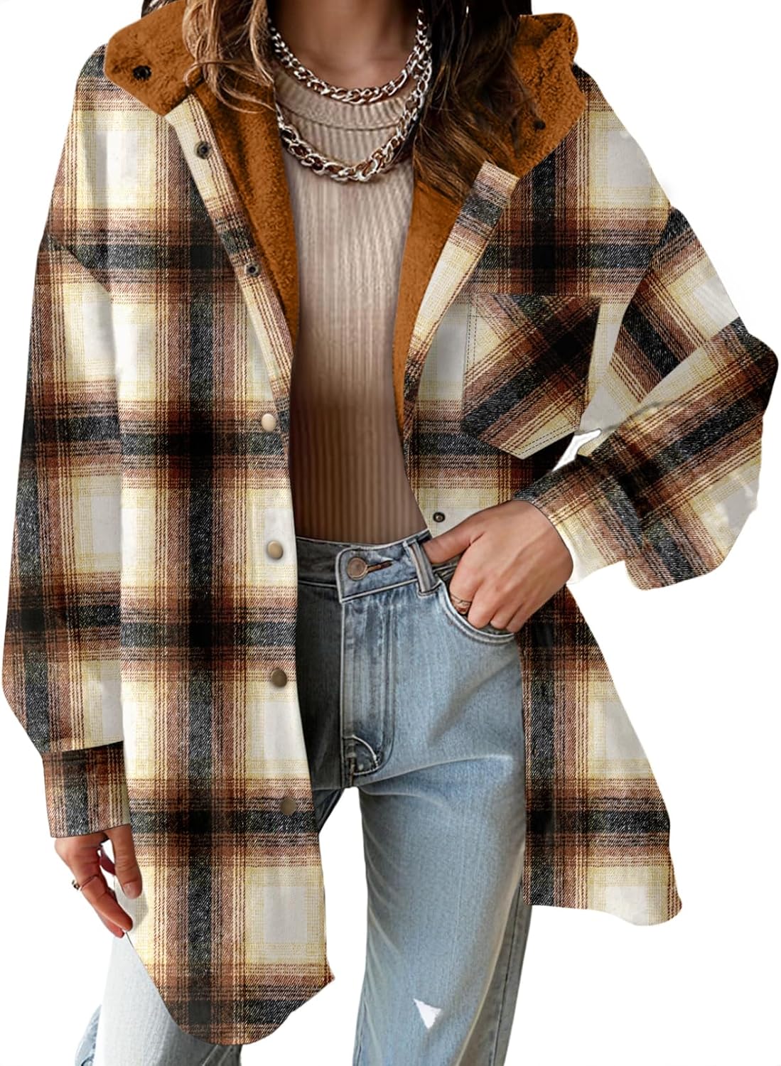 Hooded Fleece Plaid Shacket