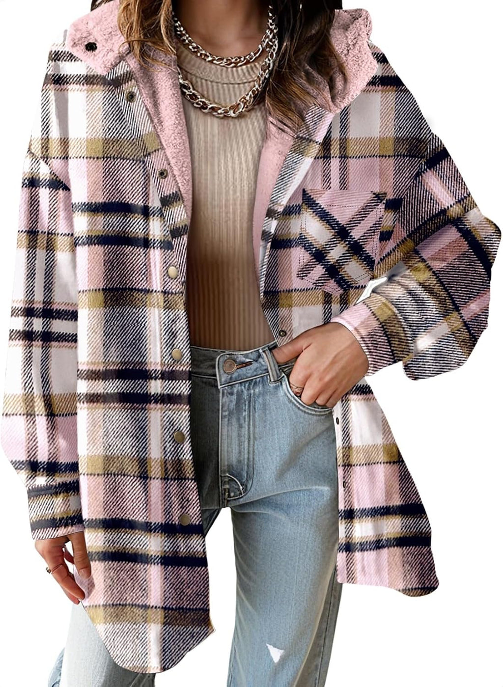 Hooded Fleece Plaid Shacket