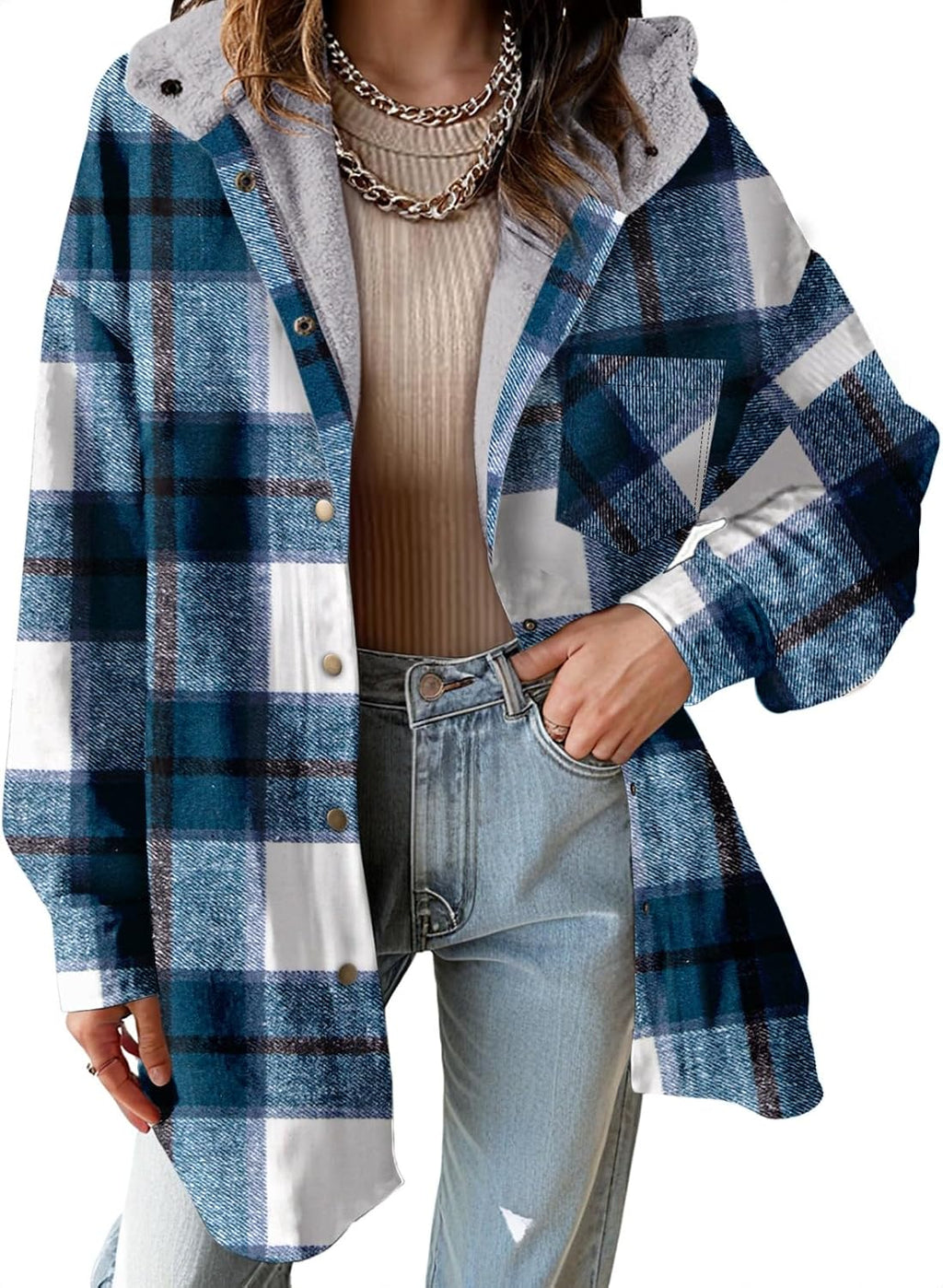 Hooded Fleece Plaid Shacket