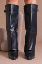 Black Leather Fold Over Shark Classic Buckle Knee High Boot