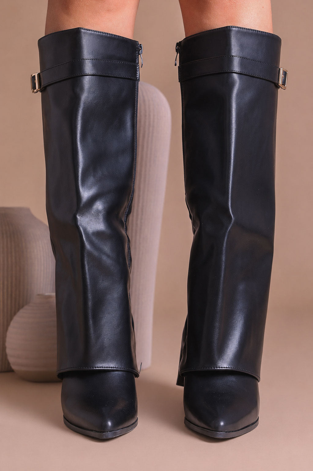 Black Leather Fold Over Shark Classic Buckle Knee High Boot
