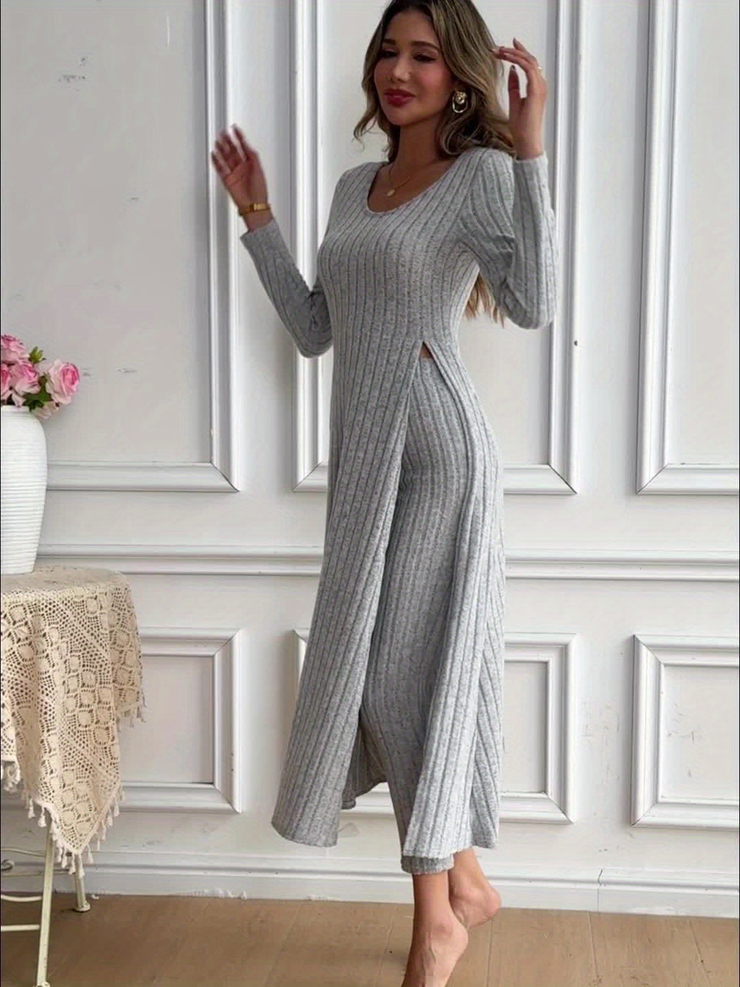 [Designer Ribbed Set] Women's Ribbed 2pcs Set | Designer Round Neck Split Long Sleeve Top and Pants for Spring and Autumn