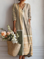 Nova | V-Neck Striped Linen Midi Dress for Women
