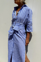 Adeline | Striped Linen Button-Down Midi Shirt Dress for Women