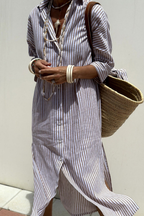Adeline | Striped Linen Button-Down Midi Shirt Dress for Women