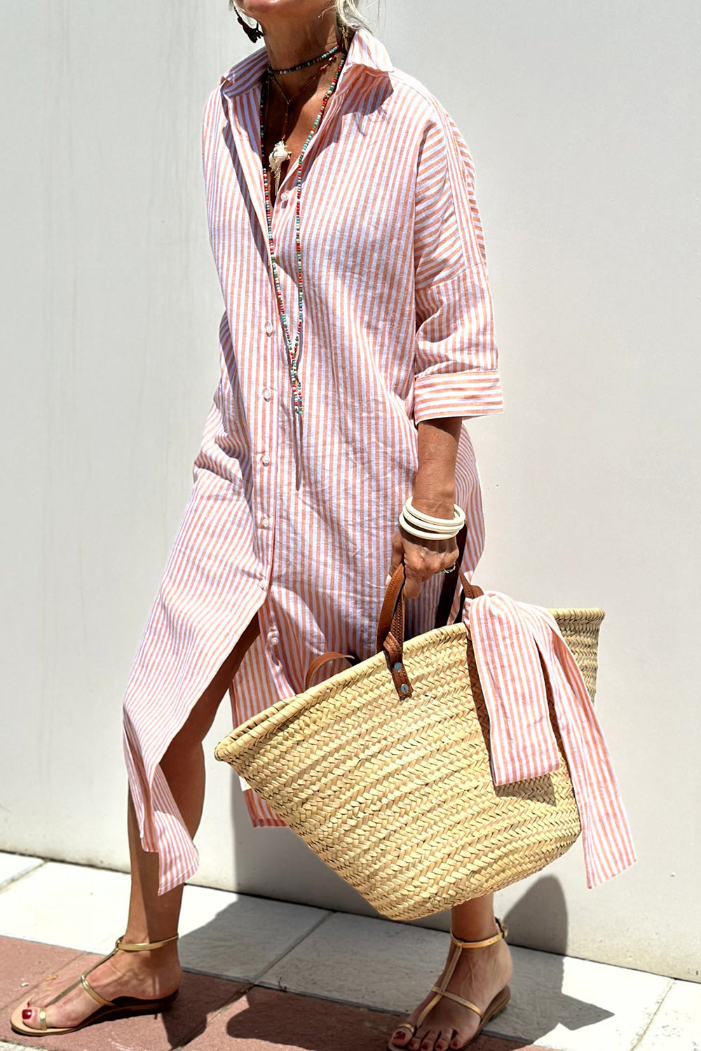 Adeline | Striped Linen Button-Down Midi Shirt Dress for Women