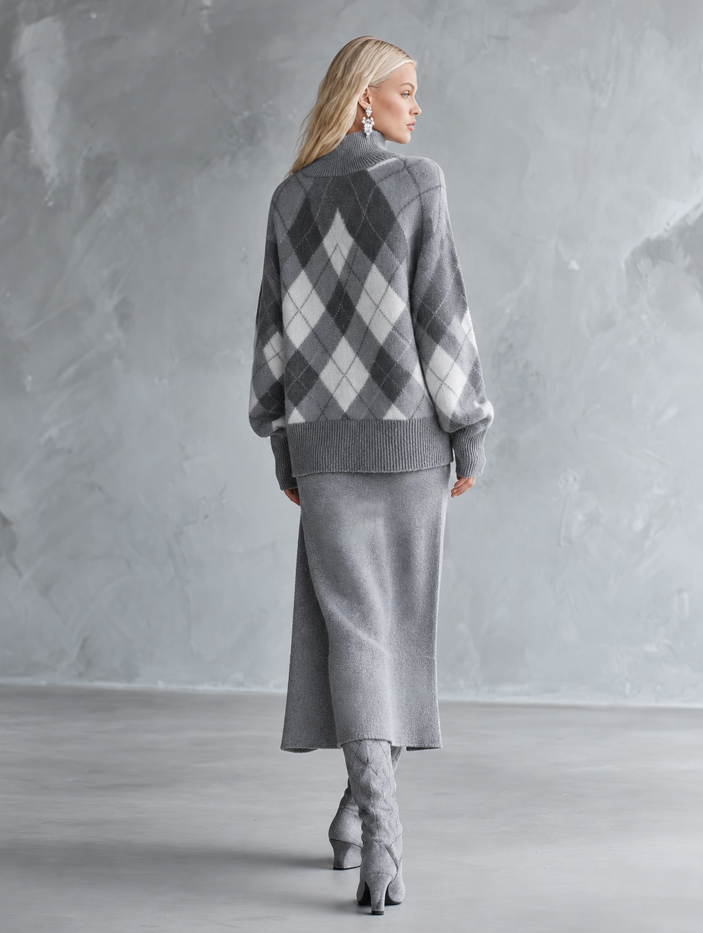 Premium Grey Mock-neck Plaid Sweater And Solid-color Slit Midi Skirt Set