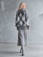 Premium Grey Mock-neck Plaid Sweater And Solid-color Slit Midi Skirt Set