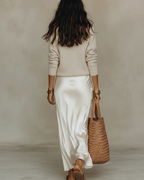 Elena | Midi Satin Wrap Skirt with Ribbed Knit V-Neck Sweater for Women