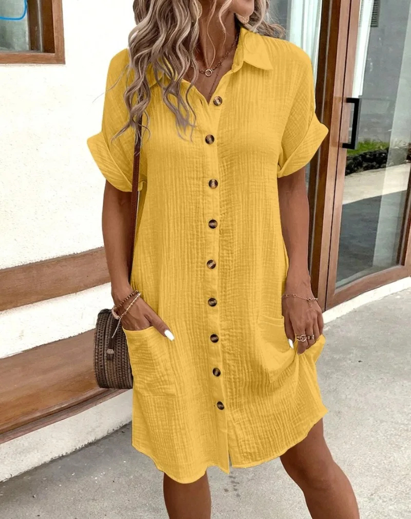Vivian | Cotton Button-Down Shirt Dress with Short Sleeves for Women