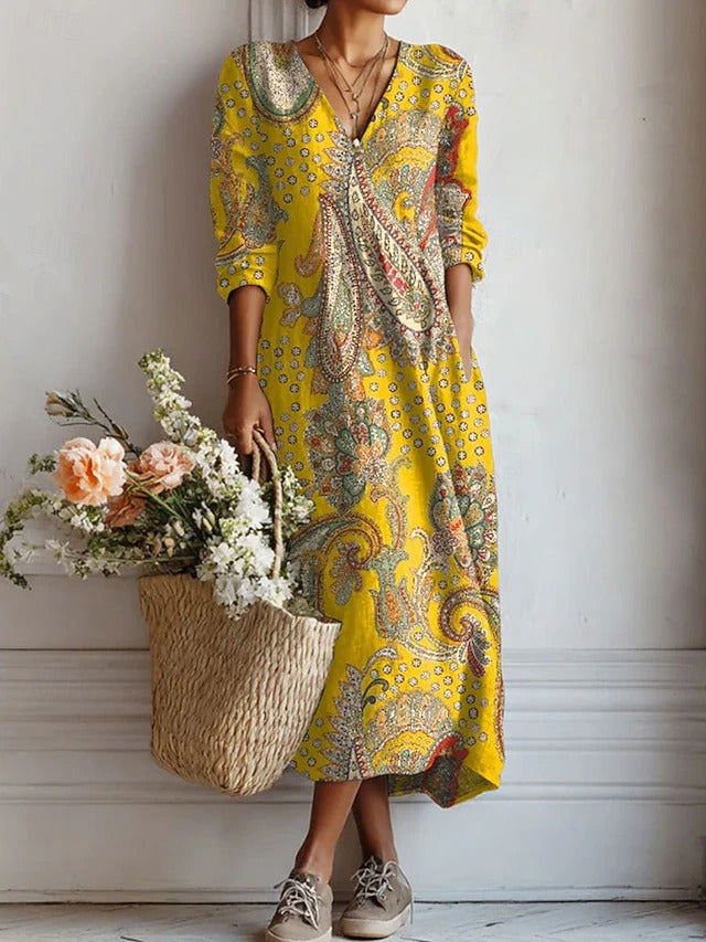 Floral Midi Dress with V-Neck and Long Sleeves for Women