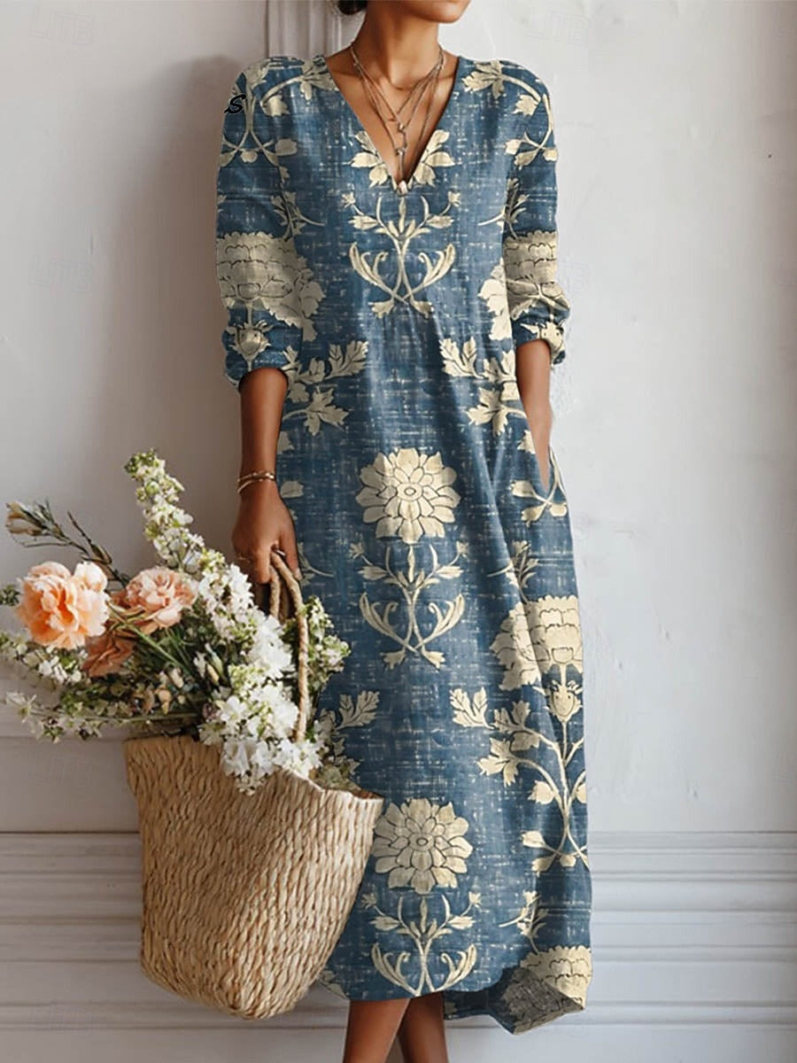 Floral Midi Dress with V-Neck and Long Sleeves for Women
