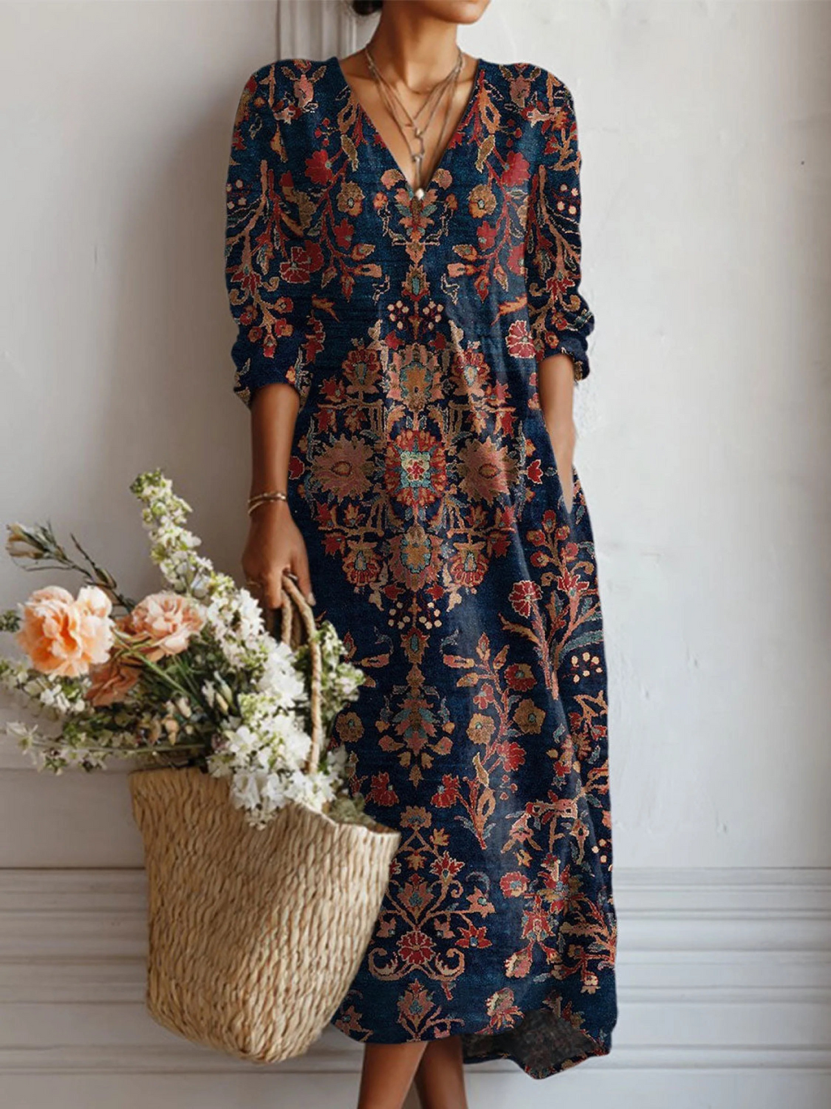 Floral Midi Dress with V-Neck and Long Sleeves for Women