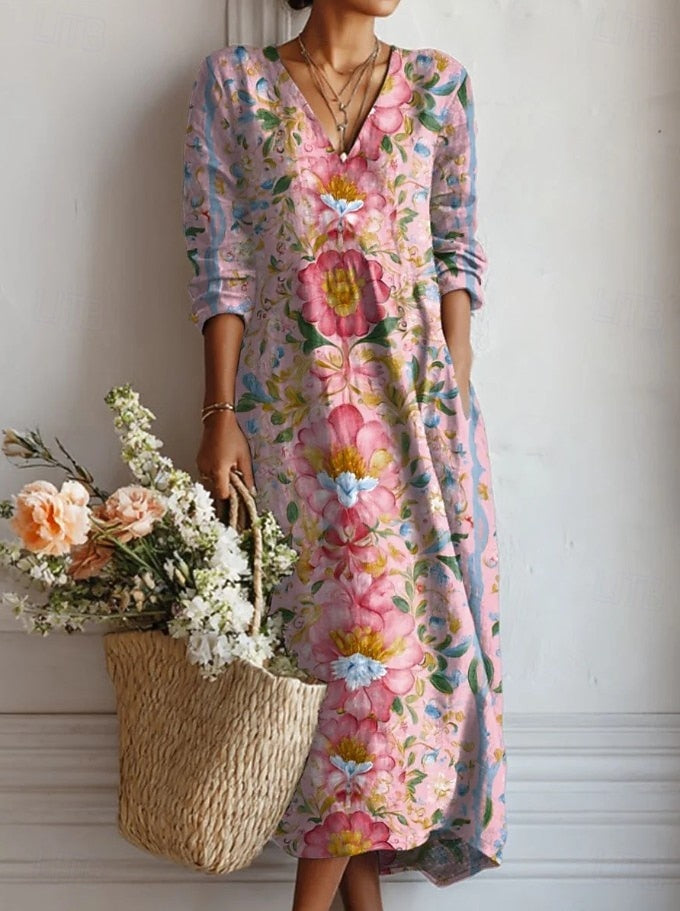 Floral Midi Dress with V-Neck and Long Sleeves for Women