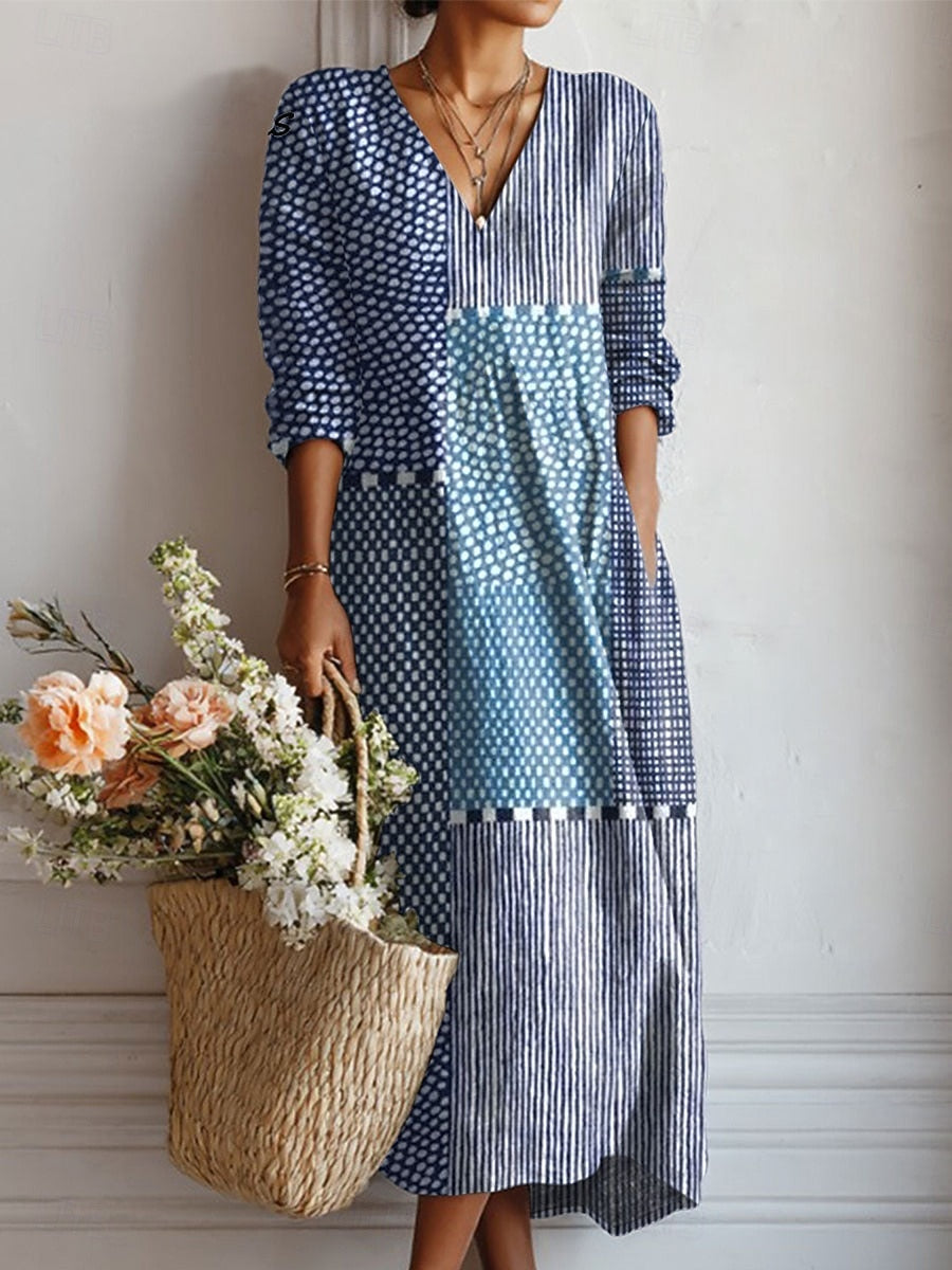 Floral Midi Dress with V-Neck and Long Sleeves for Women