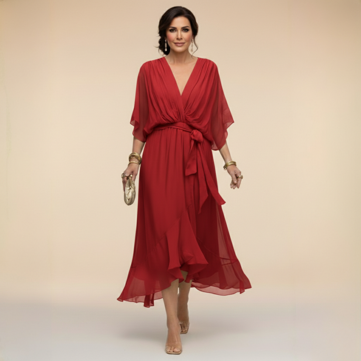 Wrap Midi Dress with V-Neck for Women