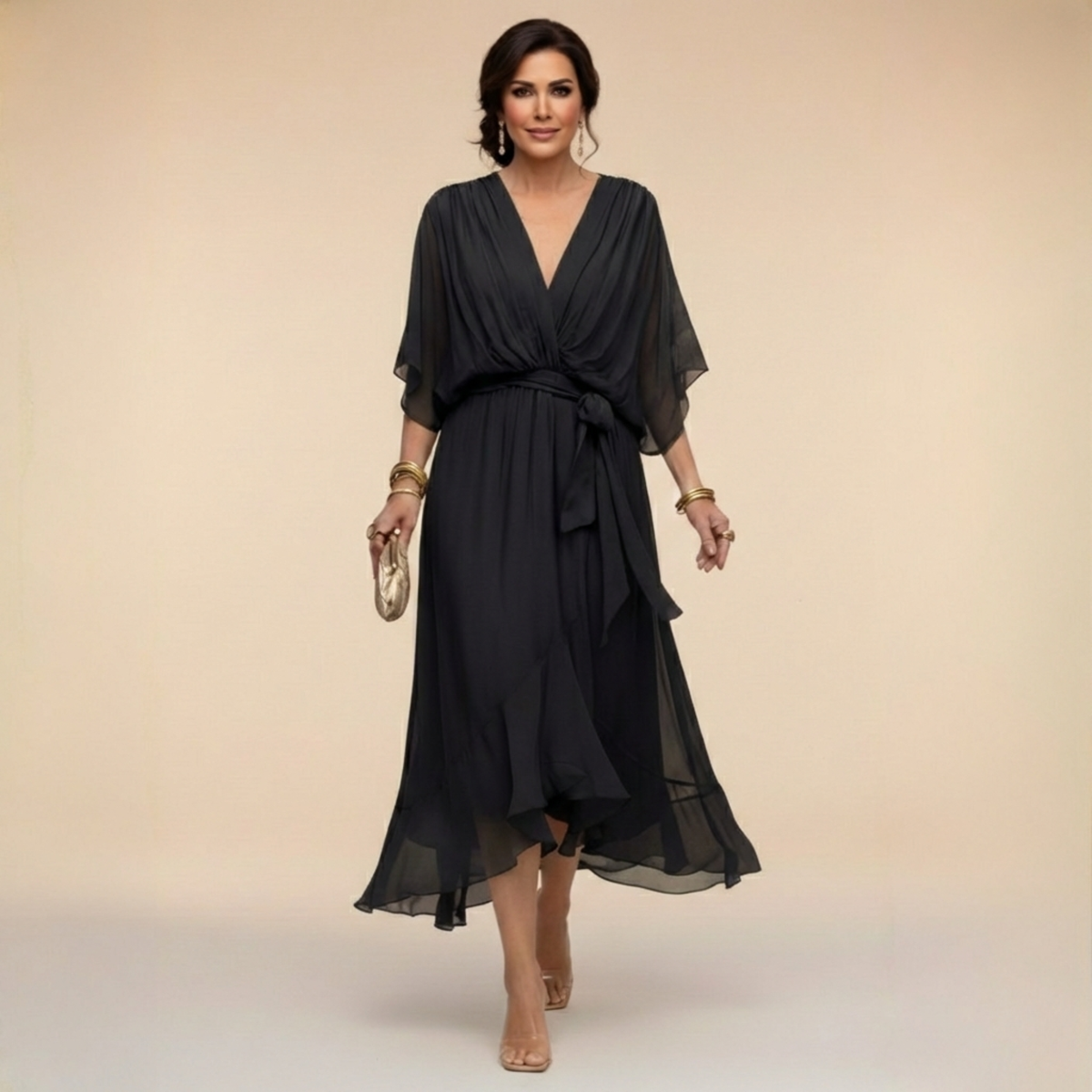 Wrap Midi Dress with V-Neck for Women