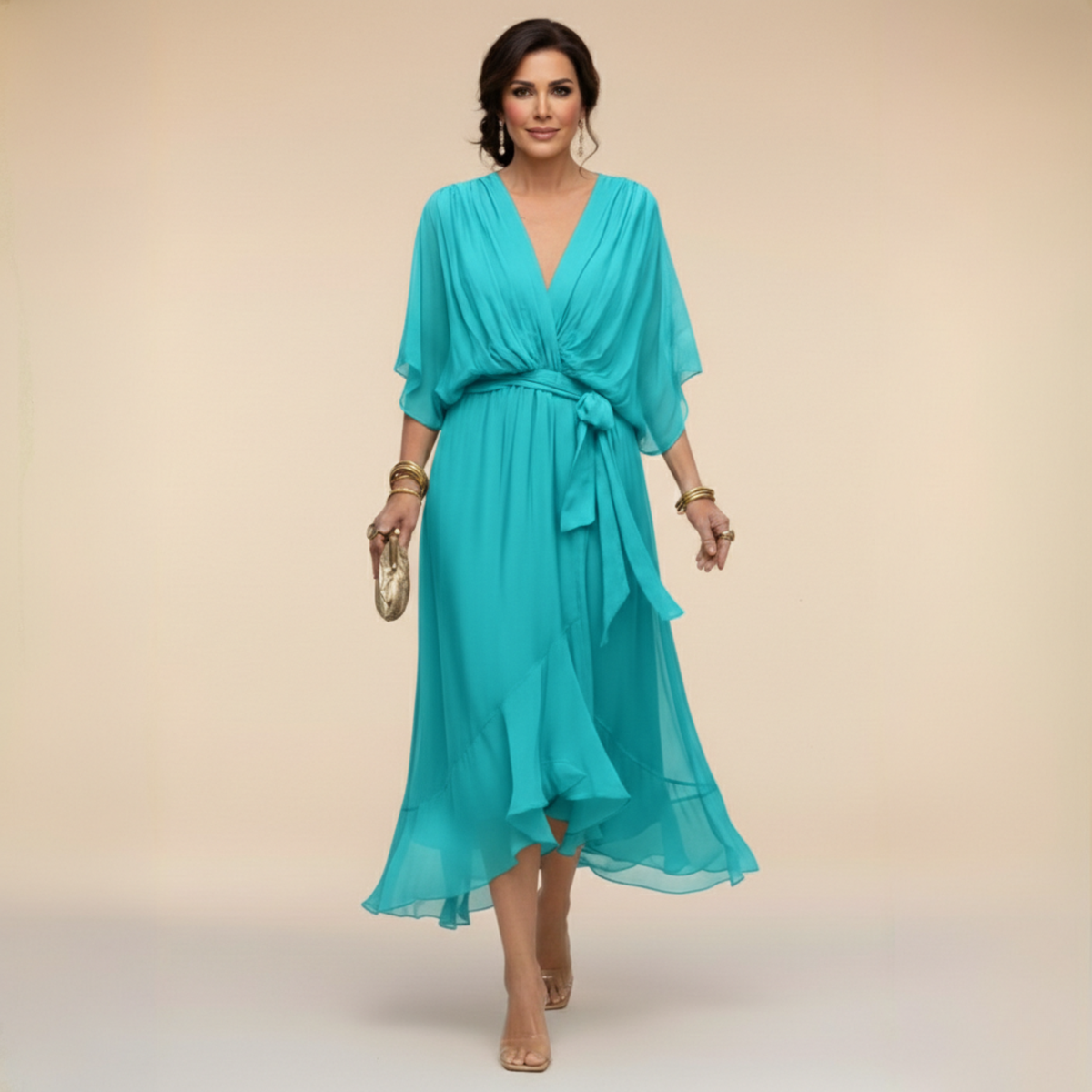 Wrap Midi Dress with V-Neck for Women