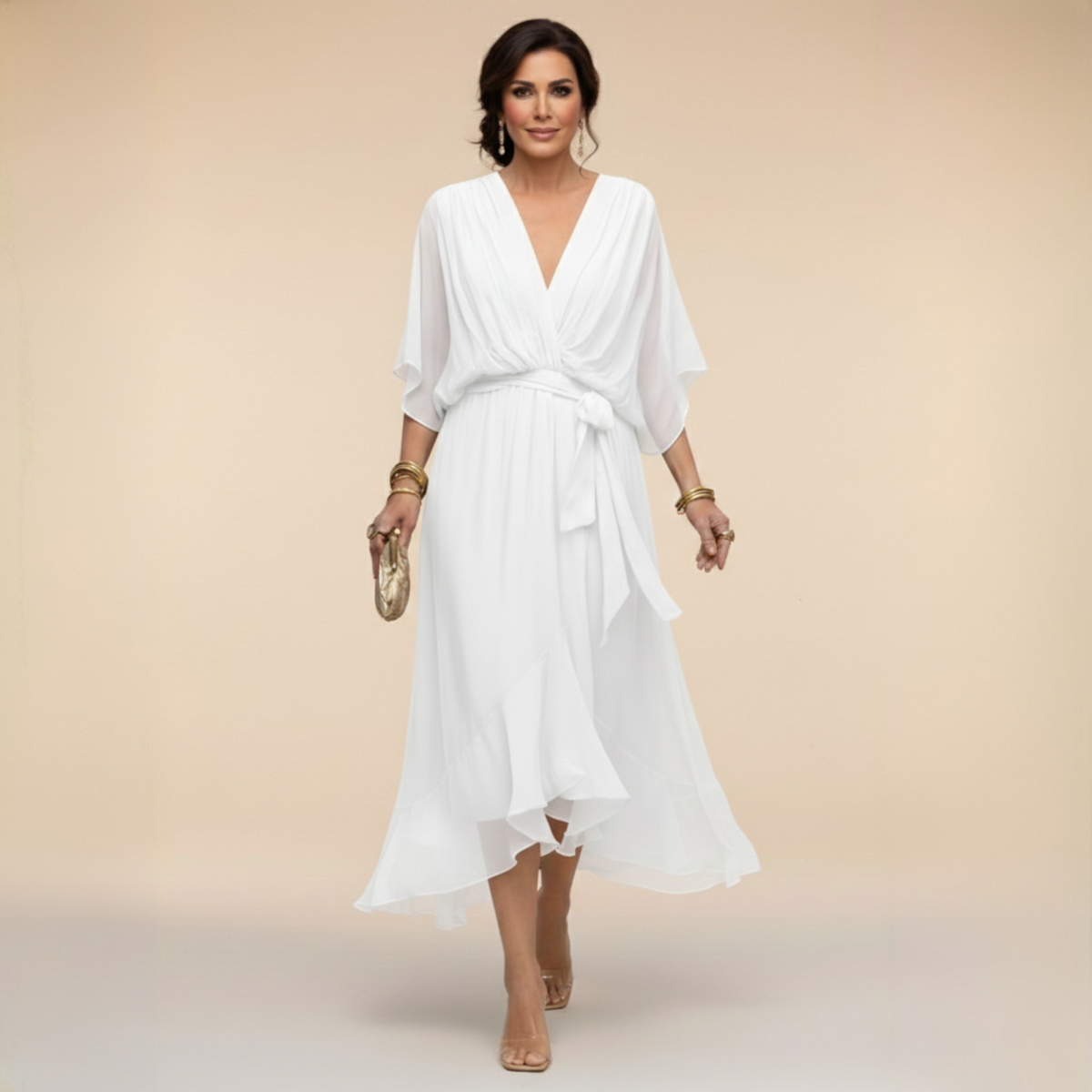 Wrap Midi Dress with V-Neck for Women