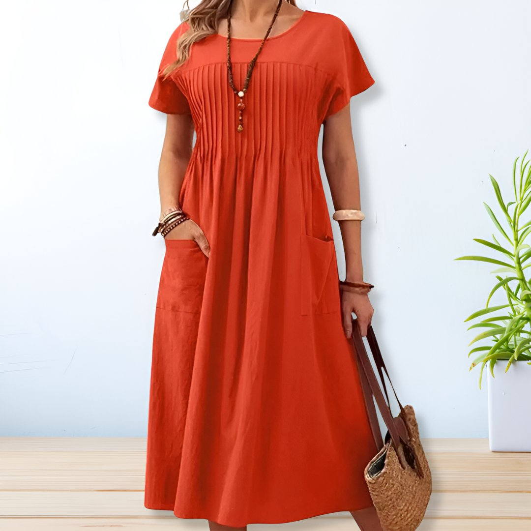 Ophelia | Linen Pintuck Midi Dress with Front Pockets for Women