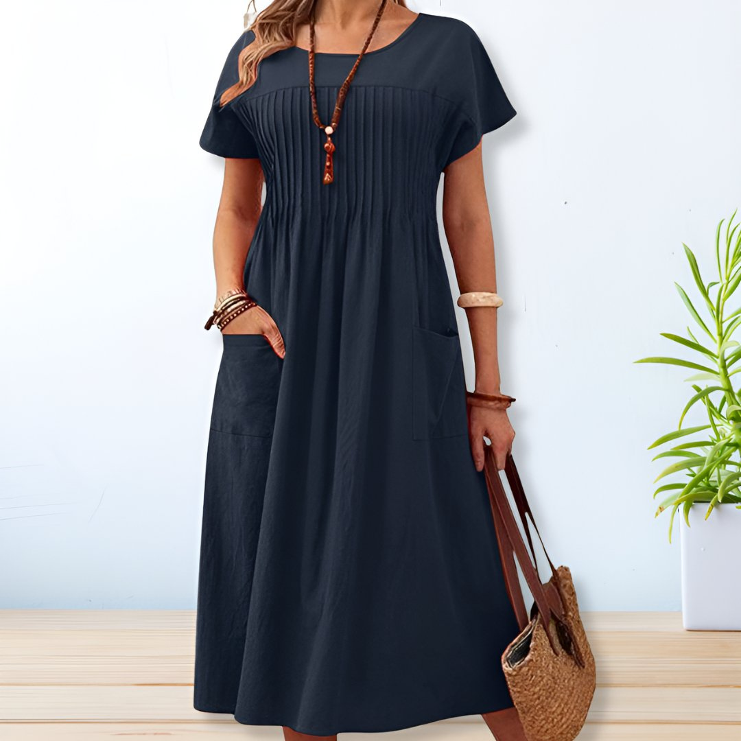 Ophelia | Linen Pintuck Midi Dress with Front Pockets for Women