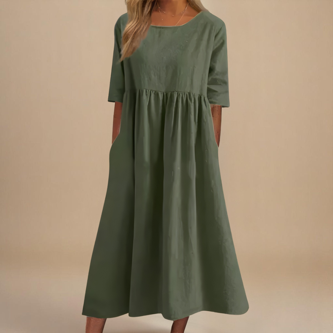 Paisley | Linen Gathered Waist Midi Dress for Women