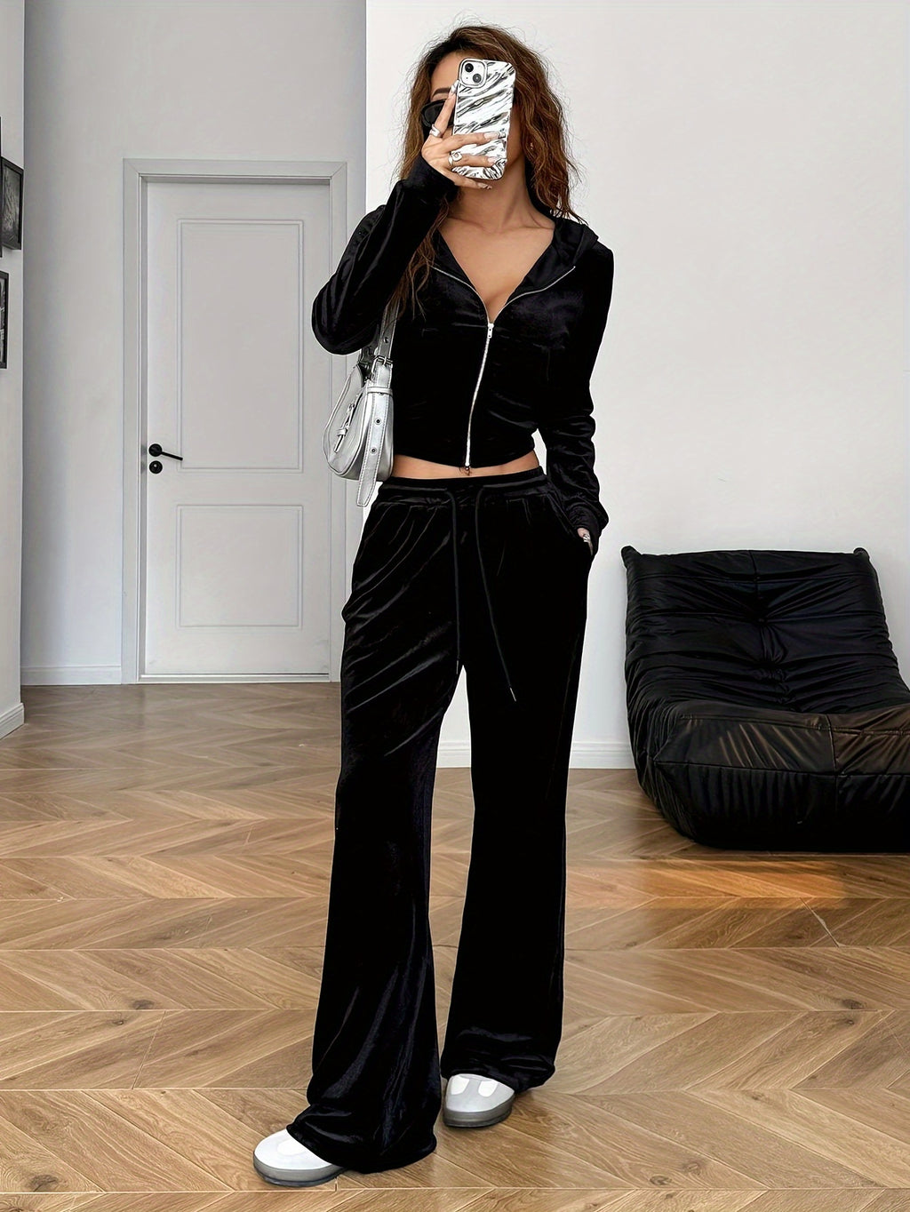 Spring/Summer Black Rhinestone Decorated Hooded Zipper Top and Pocket Pants Women's Casual Suit