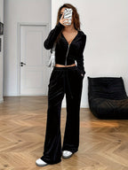 Spring/Summer Black Rhinestone Decorated Hooded Zipper Top and Pocket Pants Women's Casual Suit