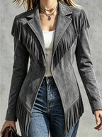 Women'S Casual Fringed Lapel Fitted Long-Sleeve Jacket - Retro And Versatile for Fall And Winter - Affordable Women'S Tops - Fall Women'S Clothing - Halloween Costumes for Women