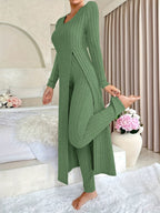 [Designer Ribbed Set] Women's Ribbed 2pcs Set | Designer Round Neck Split Long Sleeve Top and Pants for Spring and Autumn