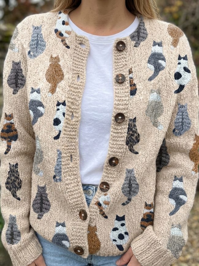 Aria | Knit Cardigan with Button-Down and Cat Pattern for Women