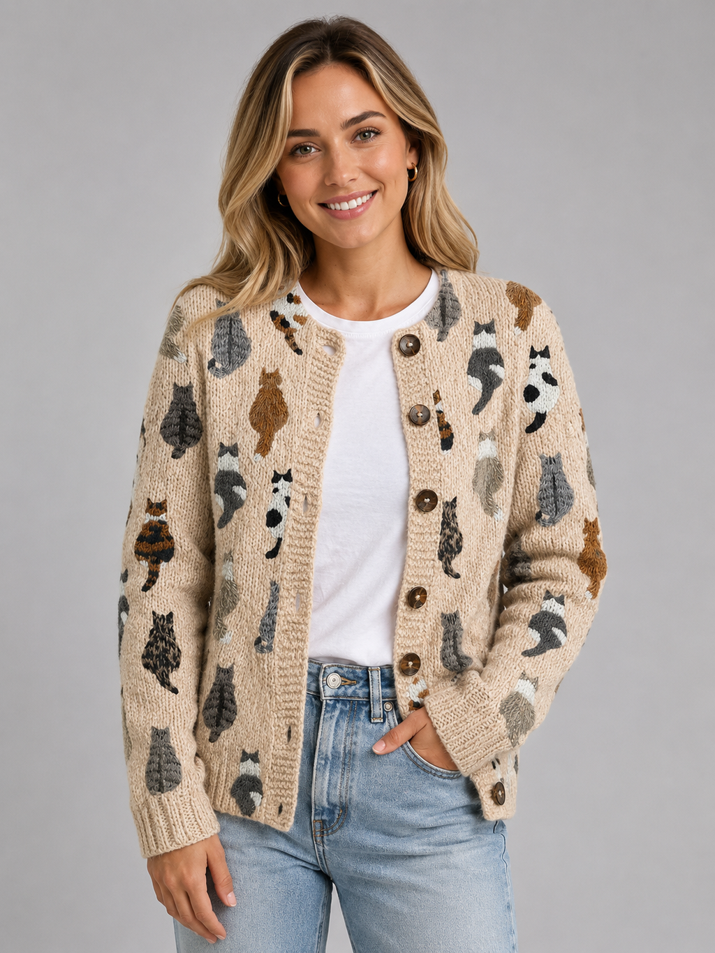 Aria | Knit Cardigan with Button-Down and Cat Pattern for Women
