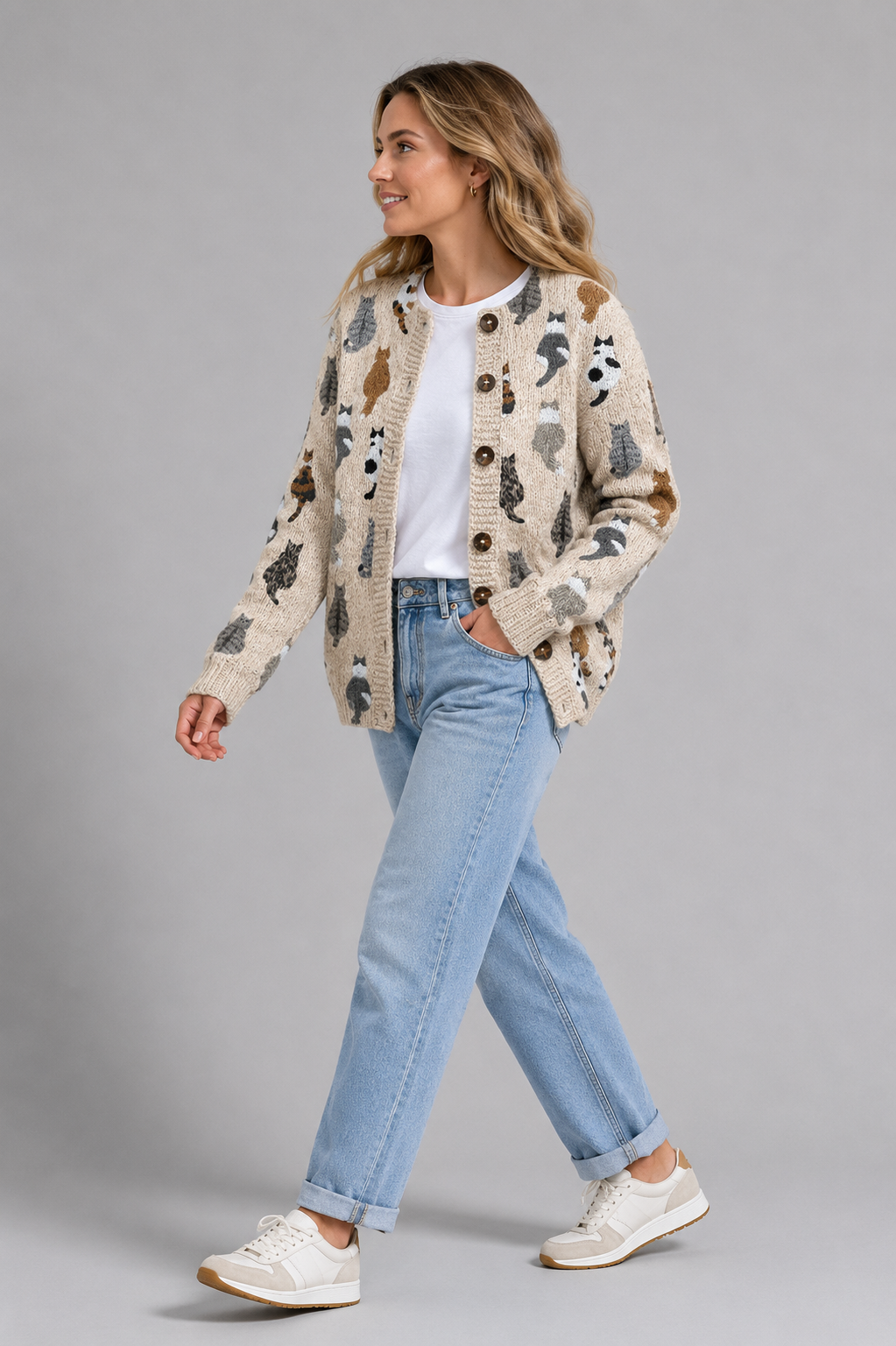 Aria | Knit Cardigan with Button-Down and Cat Pattern for Women