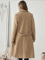 New Autumn/Winter Classic Notched Lapel Long for Women, Waist-Cinching with Tie Belt and Two-Button Design, Over-the-Knee Outerwear, Elegant Commuter Style, Draped and Structured Long-Sleeve with Side Pockets, Simple and Versatile, Slim Fit