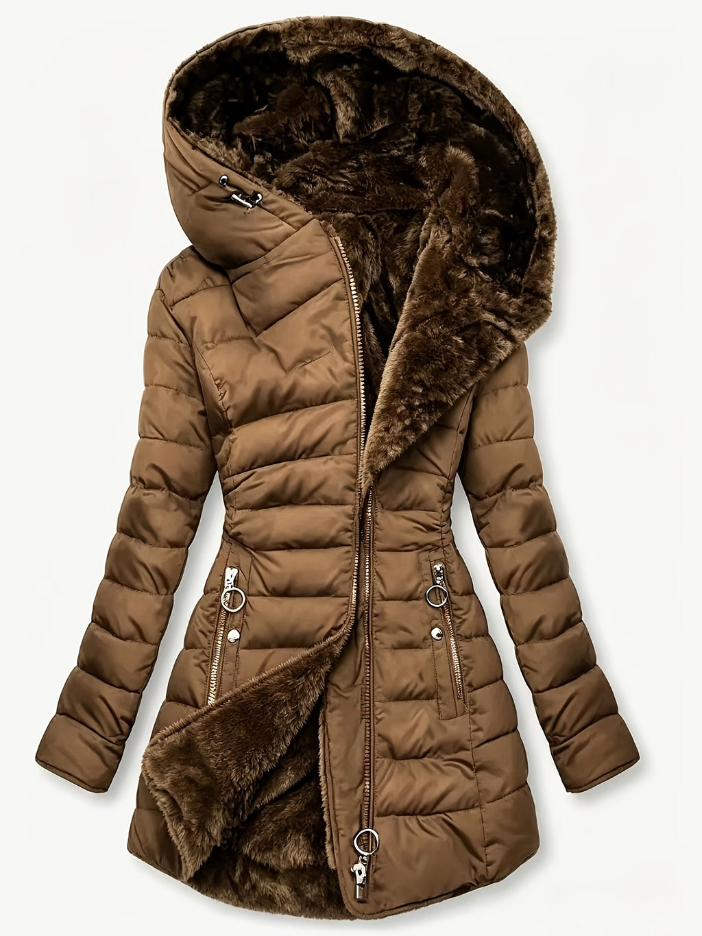 Women's Hooded Coat, Winter New Mid-Length Fleece-Lined Warm Loose, Selected Premium Fabric, Lightweight Warm Fashion Design, Contouring Fit, Suitable for Various Occasions, Whether Urban Commute Or Outdoor Leisure, Showcasing Your Unique Charm