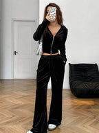Spring/Summer Black Rhinestone Decorated Hooded Zipper Top and Pocket Pants Women's Casual Suit