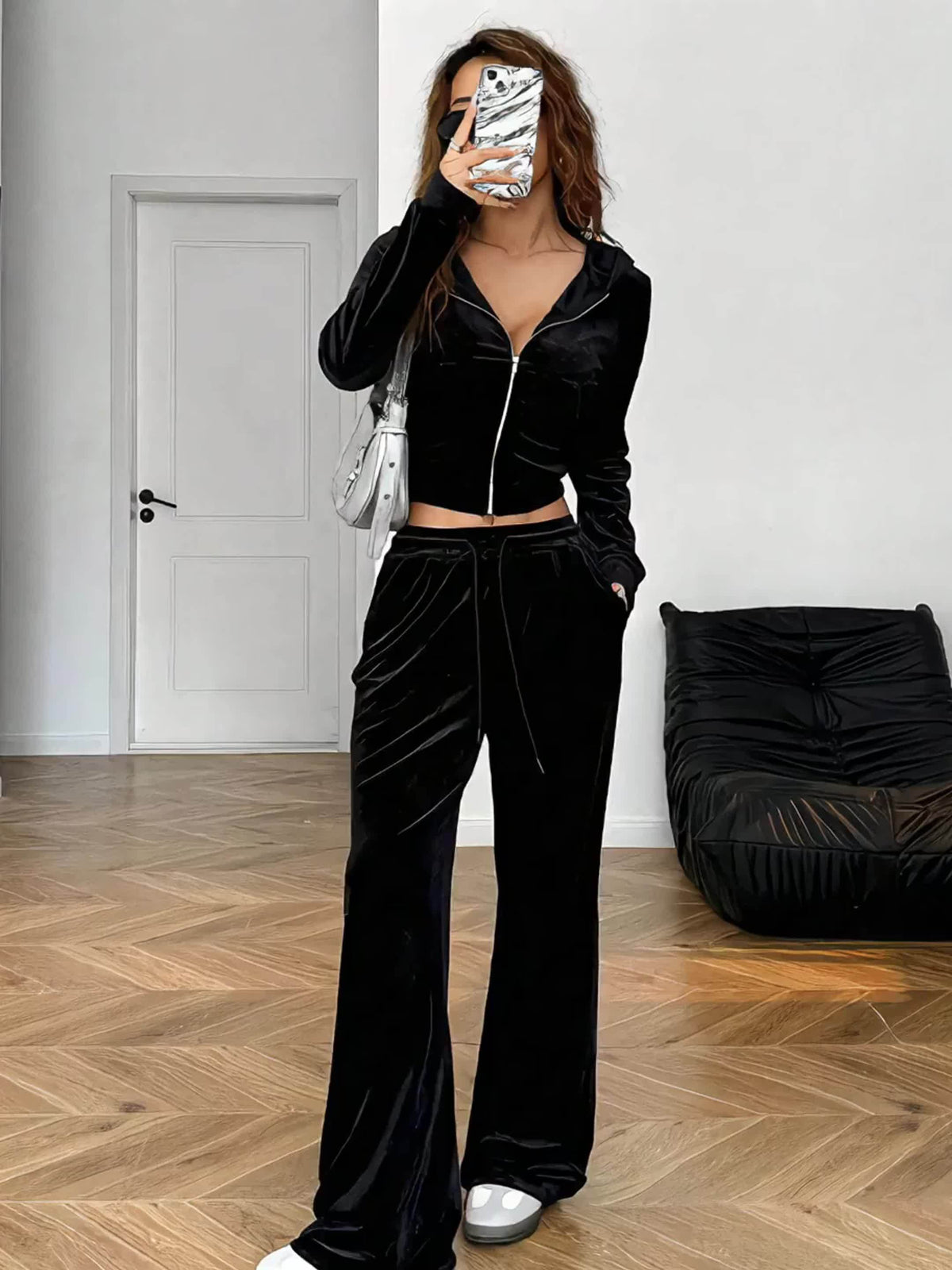 Spring/Summer Black Rhinestone Decorated Hooded Zipper Top and Pocket Pants Women's Casual Suit