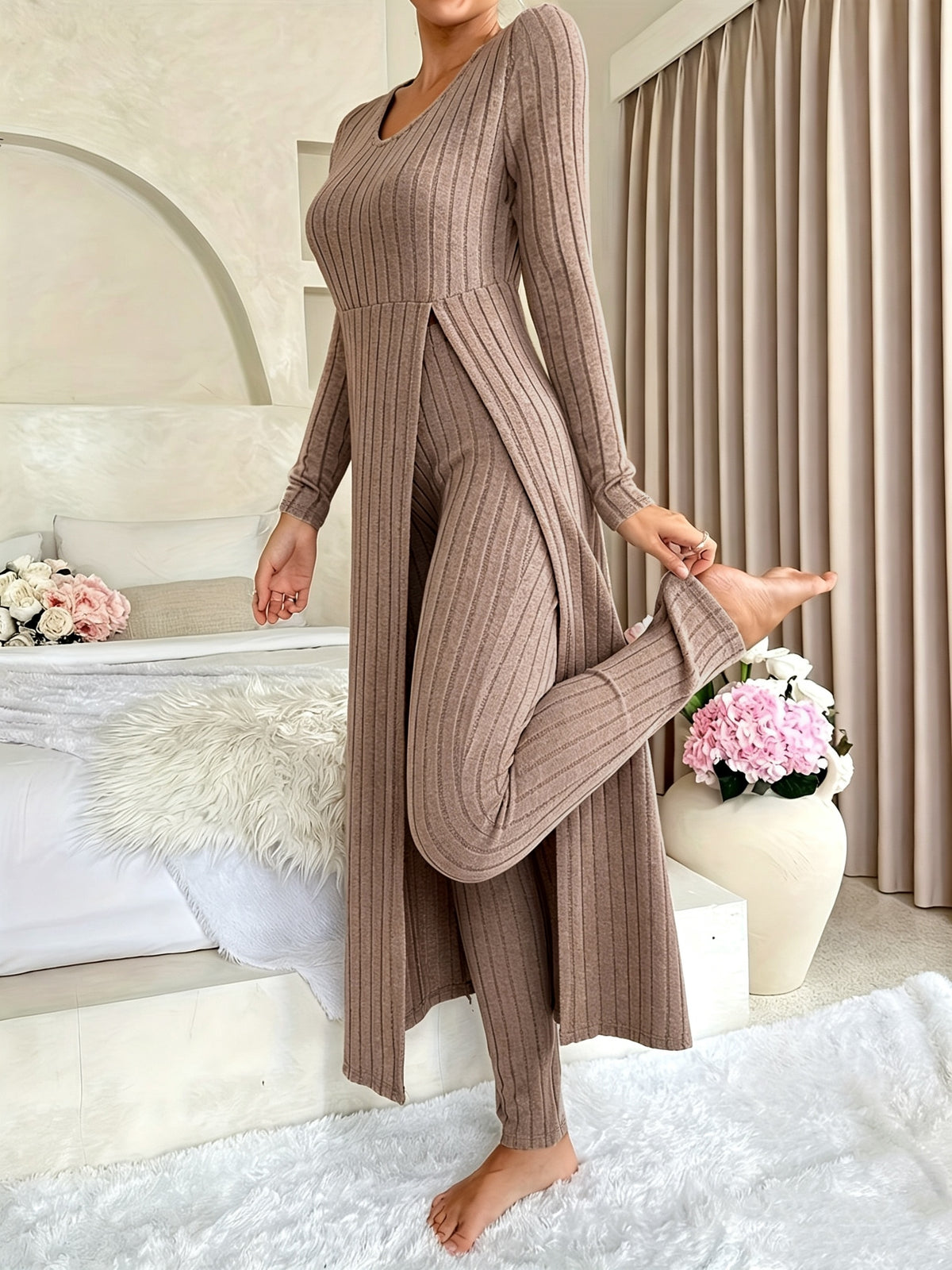[Designer Ribbed Set] Women's Ribbed 2pcs Set | Designer Round Neck Split Long Sleeve Top and Pants for Spring and Autumn