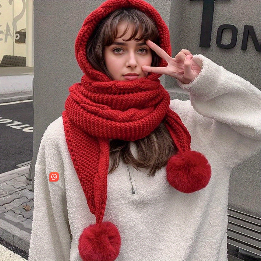 Autumn 1pc 3pcs Pom-Pom Additions Yarn Fleece Hat Women Winter All-Match Scarf All-In-One Hat Cute Pom-Pom Ear Protection Thick Warm Hat