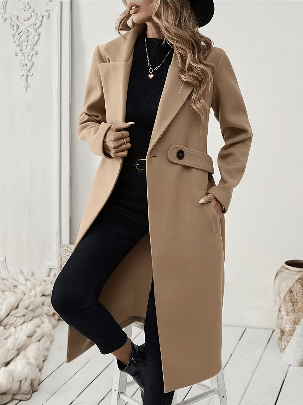 New Autumn/Winter Classic Notched Lapel Long for Women, Waist-Cinching with Tie Belt and Two-Button Design, Over-the-Knee Outerwear, Elegant Commuter Style, Draped and Structured Long-Sleeve with Side Pockets, Simple and Versatile, Slim Fit