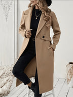 New Autumn/Winter Classic Notched Lapel Long for Women, Waist-Cinching with Tie Belt and Two-Button Design, Over-the-Knee Outerwear, Elegant Commuter Style, Draped and Structured Long-Sleeve with Side Pockets, Simple and Versatile, Slim Fit