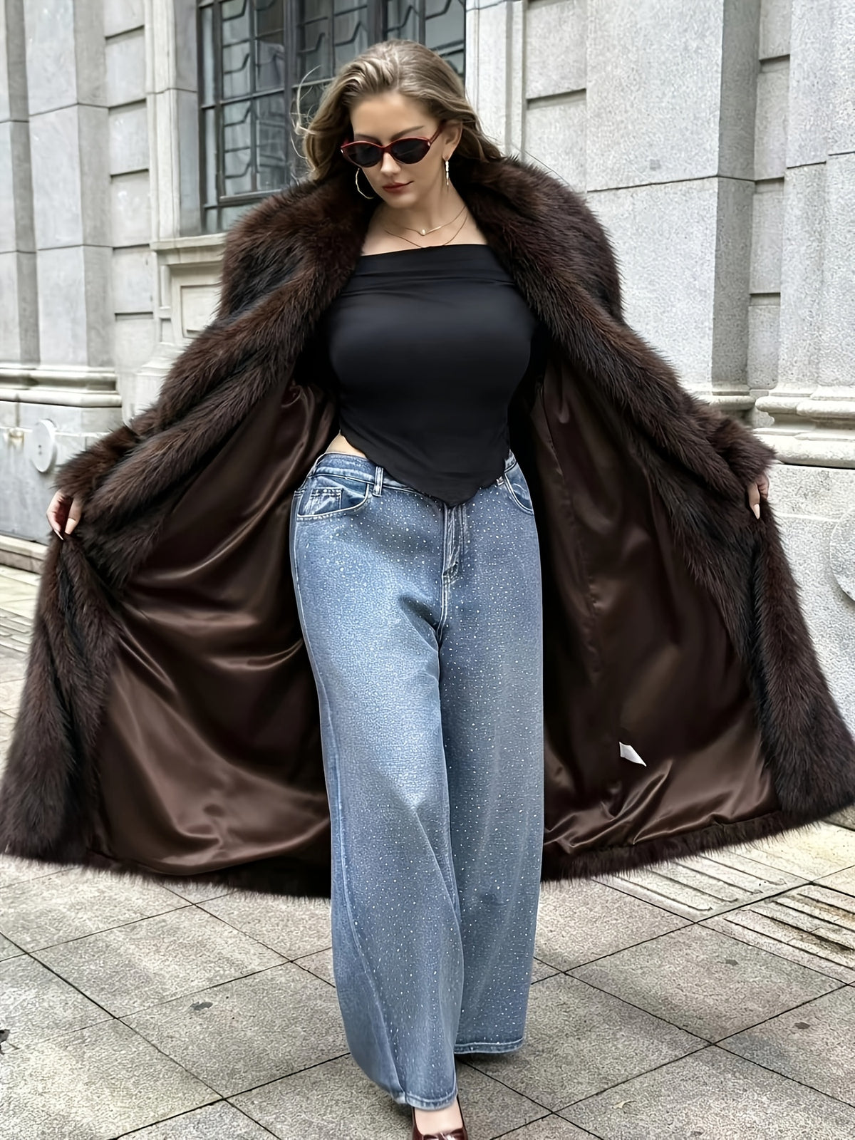 Fashionable High-End Temperament Versatile Thickened Warm Faux Mandarin Collar Loose Long Coat for Outing And Commuting, And Covering