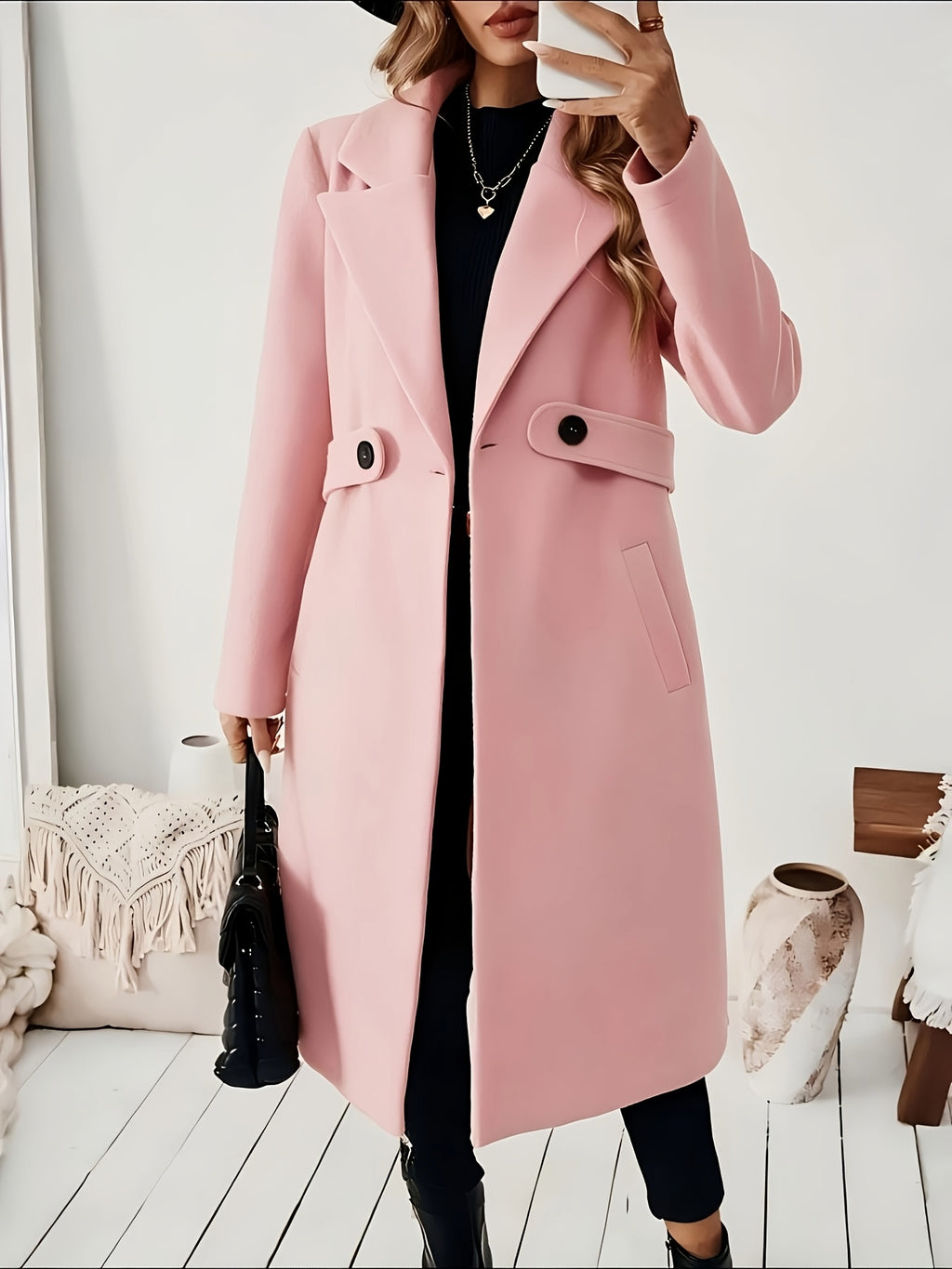 New Autumn/Winter Classic Notched Lapel Long for Women, Waist-Cinching with Tie Belt and Two-Button Design, Over-the-Knee Outerwear, Elegant Commuter Style, Draped and Structured Long-Sleeve with Side Pockets, Simple and Versatile, Slim Fit